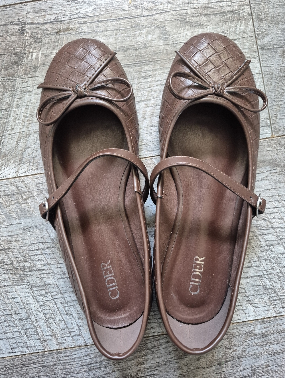 New Cider Faux Leather Brown Woven Bowknot Mary Jane Ballet Flats Shoes Size 37